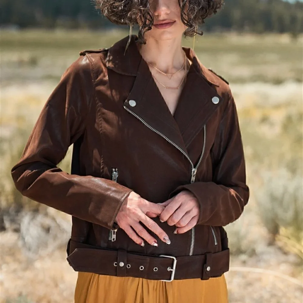 Brown Faux Suede Edgy Belted Hem Biker Jacket